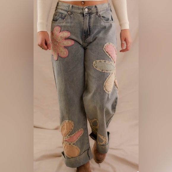 Blue and Pink Flare Jeans with Artistic Butterfly Design - Picture 9 of 15